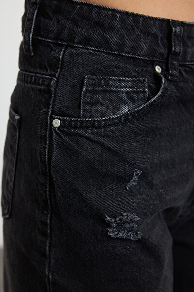 Trendyol Collection Anthracite Ripped High Waist Long Straight Jeans Twoaw24Je00033