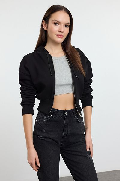 Trendyol Collection Плетен черен изрязан суичър - Oversize, Twoaw25Sw00302