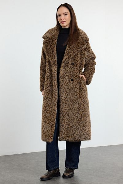 Trendyol Collection Vícebarevný dlouhý kožich Regular Fit s páskem Twoaw25Kb00075