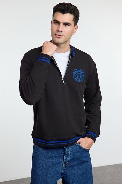 Trendyol Collection Черен суитшърт с широк крой и бродирана поло яка, плетен, с лента и детайли, без повдигане TMNAW25SW00178