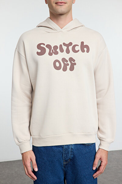Trendyol Collection Beige Oversize/Wide Cut Text Printed Hooded Fleece Inside Sweatshirt Tmnaw25Sw00113