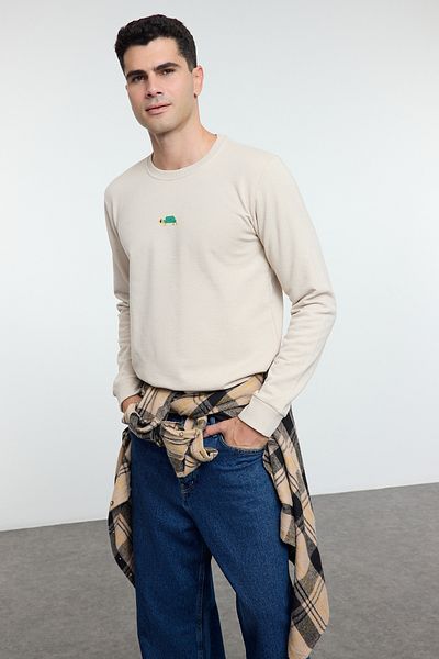 Trendyol Collection Mikina Crew Neck Animal Embroidered Stone Color - Tmnaw25Sw00158