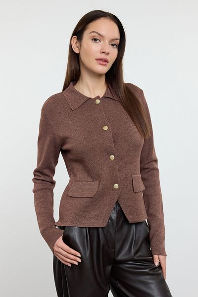 Trendyol Collection Brown Button Detailed Premium/Special Yarn Fitted/Body Hugging Knitwear Cardigan Twoaw25Hi00151