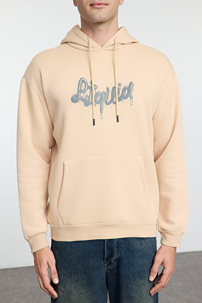 Trendyol Collection Stone Oversize/široký střihový text tištěný fleece uvnitř mikina s kapucí Tmnaw25Sw00059