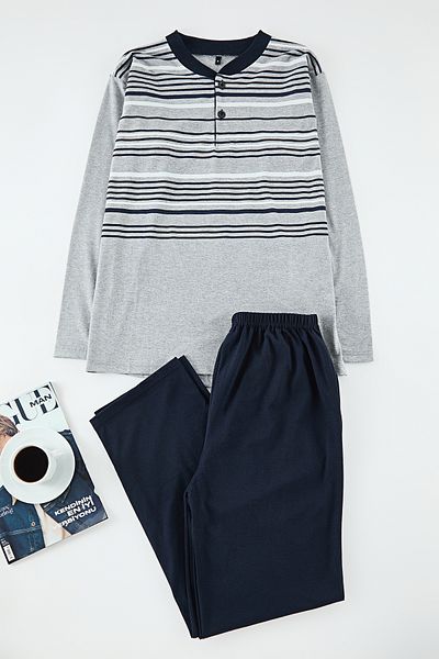 Edit by Trendyol Men's Gray Striped Button Collar Knitted Men's Pajamas Set Tedaw25Pt00017