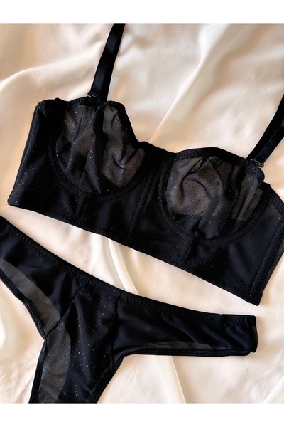 ROZENİN LINGERIE New Year's Gift Black Glitter Bustier Bra Set