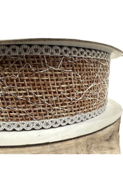 BukiroAtelier Γυαλιστερή κορδέλα από γιούτα - Ψάθινη κορδέλα 2 μέτρων 2,5 cm με λεπτομέρεια ασημί άκρης