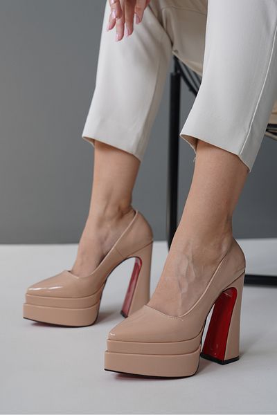 Ayakkabı Ateşi Pantofi de dama cu platforma dubla din piele lacuita nuda cu design special Rigel