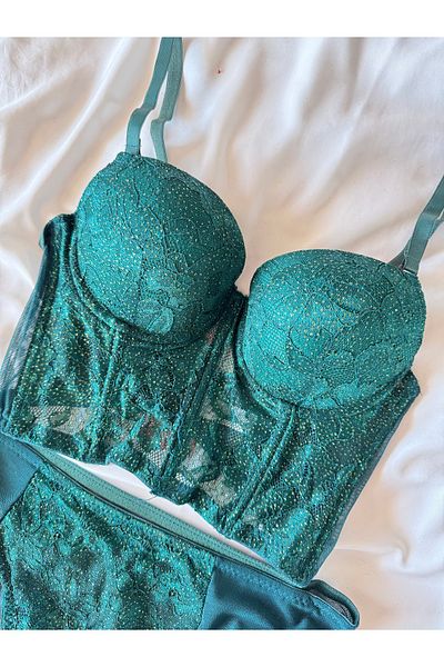 ROZENİN LINGERIE هدية عيد الميلاد مجموعة حمالة صدر بوستير مدعومة باللون الأخضر الزمردي