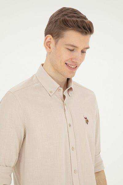 U.S. Polo Assn. Ανδρικό πέτρινο μακρυμάνικο πουκάμισο Basic 50282588 -VR049
