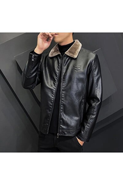 ARDSU Erkek Suni Deri Ceket Klasik Kürk Yaka , Ici Ve Yakası Kürk, Tam Fermua...