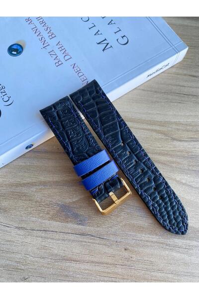 Prizma 22mm Siyah Croco Hakiki Deri Saat Kordonu. Mavi Tasarım.