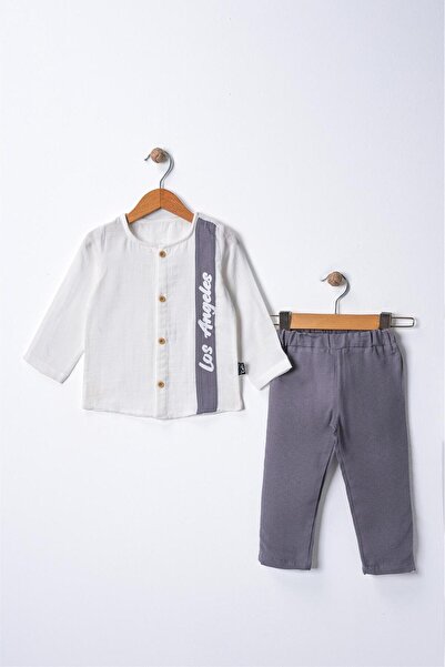 Çelix Kids Erkek Bebek&Çocuk %100 Pamuk 2'li Müslin Takım Uzun Kollu Gömlek Beli Lastikli Pantolon