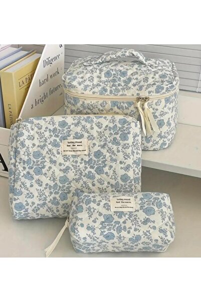 Burroe Atalier 3lü set mavi sümbül çiçeği desenli makyaj veya düzenleyici çantası