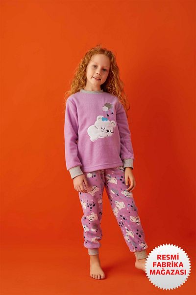 Aydoğan Girl's Winter Lilac Fleece Powder Long Sleeve Pajamas Set A4-3 - 1680 -