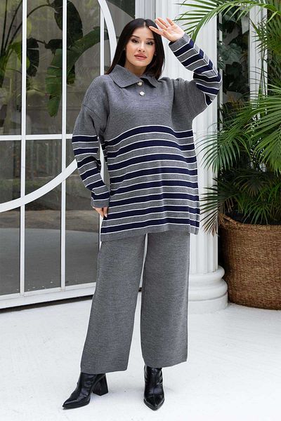EBRUTESETTÜR Trucker Collar Striped Knitwear Set