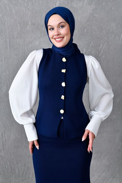 WOMAN VISION Modest κουμπιά αμάνικο γιλέκο και ψηλόμεσο μίντι φούστα κάτω μπλουζάκι Navy πλεκτό κοστούμι 5155