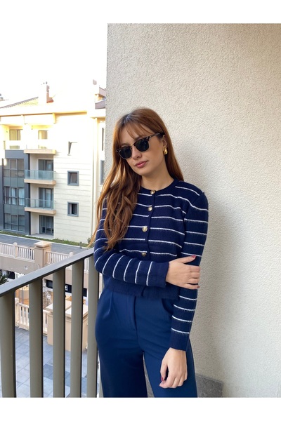 DUSOHOME Золота кнопка, ватка, темно-синя смугаста кофта