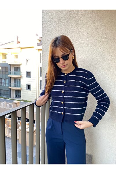 DUSOHOME Золота кнопка, ватка, темно-синя смугаста кофта