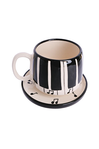 Gezdikçe Bilelim Double Ceramic Handmade Mug with Piano Patterned Plate, Ceramic Mug, Handmade, Coffee Mug