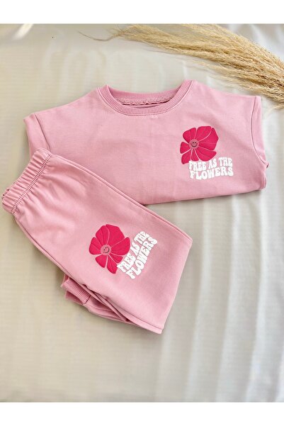 PEMBE FLOWERS BASKILI KIZ BEBEK EŞOFMAN TAKIMI