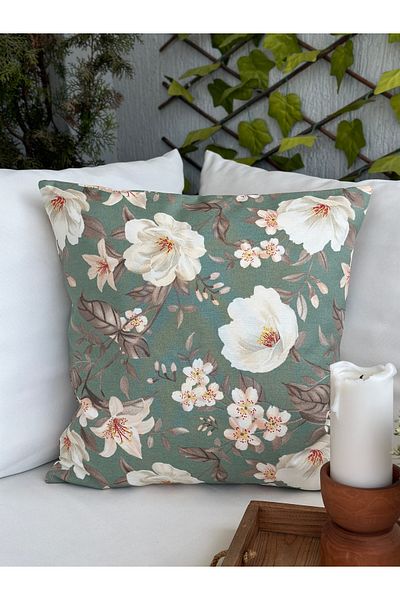 Decamor home Husă de pernă cu model de flori de magnolie verde apă