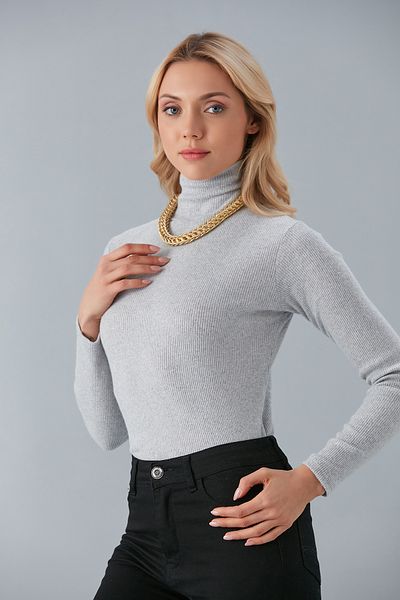 Cosy&Chic Gray Cotton Turtleneck Camisole Ribbed Slimfit Turtleneck Sweater