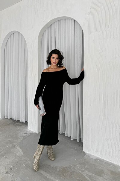 ZDABOUTİQUE Madonna Yaka İspanyol Kol Triko Siyah Kadın Elbise