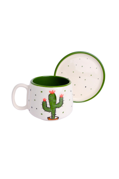 Gezdikçe Bilelim Kaktüs Desenli Tabaklı Double Seramik El Yapımı Kupa, Seramik Kupa, Handmade, Kahve Kupası