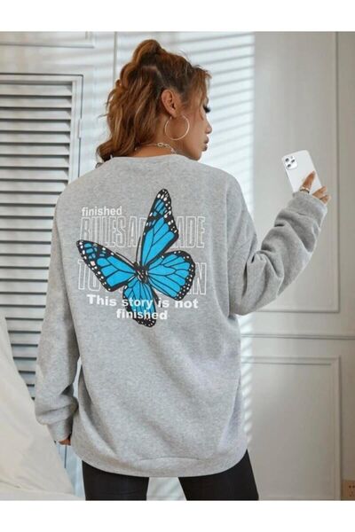 Pink Sky Women's Gray Oversize Blue Butterfly Back Printed Sweatshirt