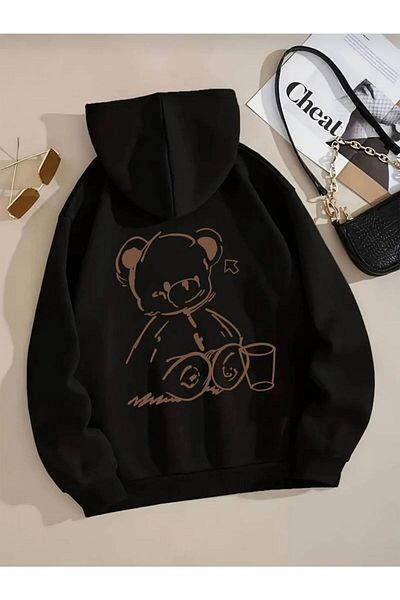 Pink Sky Unisex Teddy Bear Printed Oversize Hooded Black Sweatshirt - Winter Thick Hoodie