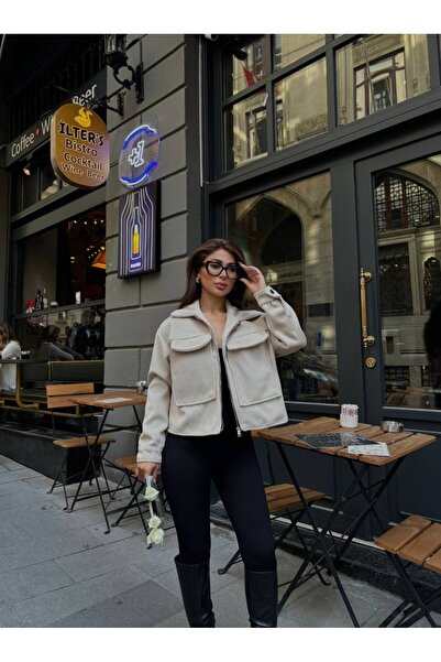 msm fashion Kadın Ceket Kısa Kaşe Cep Detaylı Fermuarlı Regular Fit Crop Ceke...