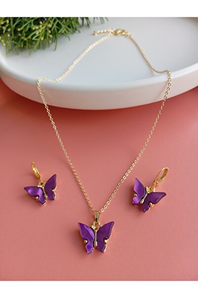 Duayen Design Gold Zincirli Mor Renk Kelebek Kolye Küpe Seti