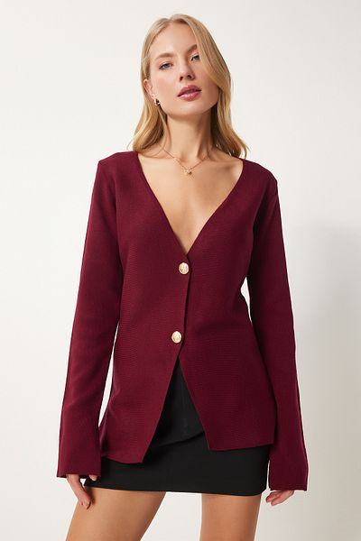 Lovelyİstanbul V-Neck Stylish Buttoned Knitwear Cardigan Claret Red Lmt0021