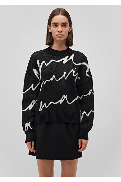 Mavi Yazılı Siyah Kazak Loose Fit / Bol Rahat Kesim 1710378-900