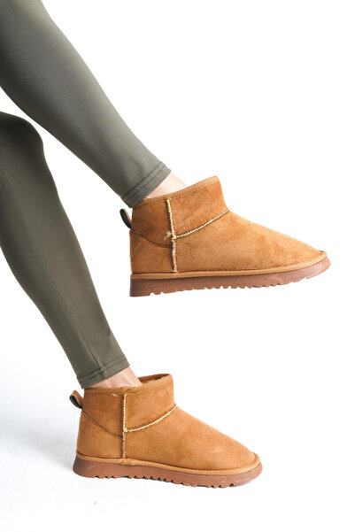 TOGET Kahverengi Kadın Bot İnce Taban Mini İçi Kürklü Süet Bot