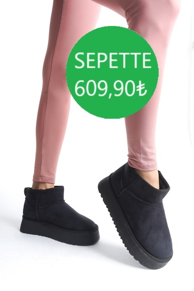 TOGET Siyah Kadın Bot Kalın Taban Mini İçi Kürklü Süet Bot