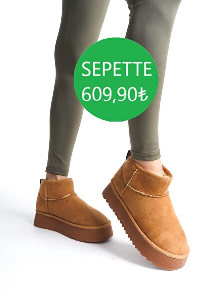 TOGET Kahverengi Kadın Bot Kalın Taban Mini İçi Kürklü Süet Bot