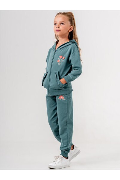 Mışıl Kids طقم بدلة رياضية بغطاء للرأس باللون الأسود مزين بالزهور للفتيات