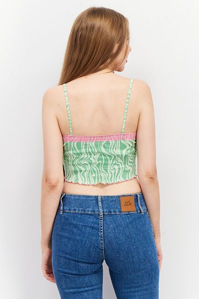 Sinsay Women V Neck Sleeveless Textured Crop Top, Green Combo