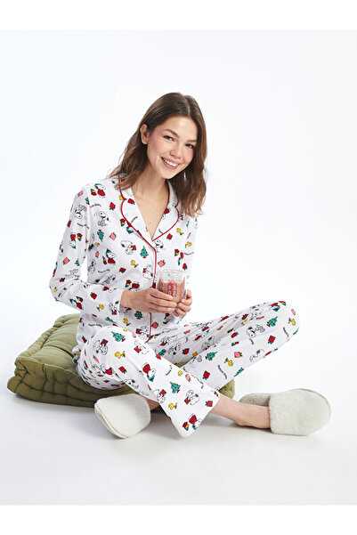 LC Waikiki LCW DREAM Ekru Gömlek Yaka Snoopy Baskılı Kadın Pijama Takımı