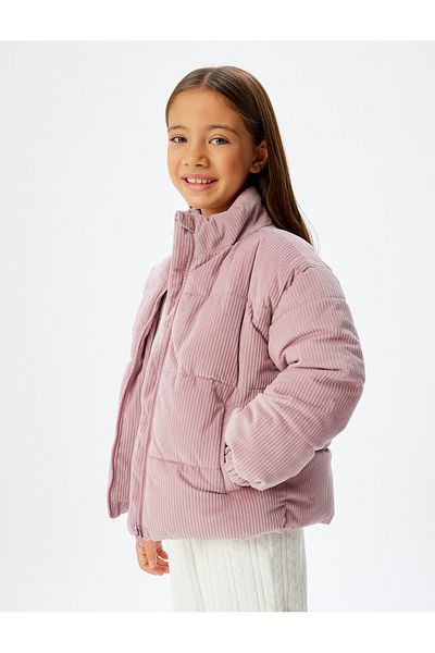 Koton Oversize Bomber Jacket Velvet Textured Pocket Detailed Stand Collar