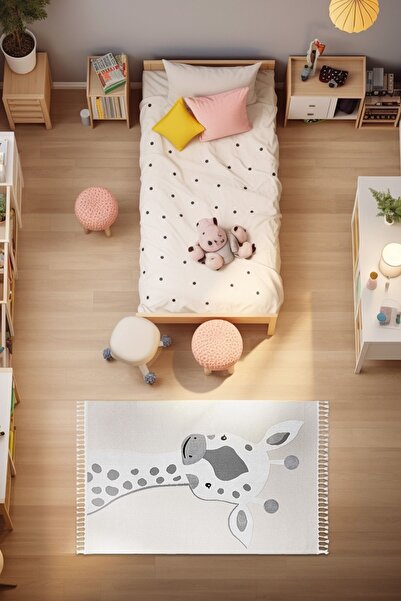 Koza Halı Sparkle Krem Gri Zürafa Figürlü Hayvan Figürlü Çocuk Odası Halısı B...