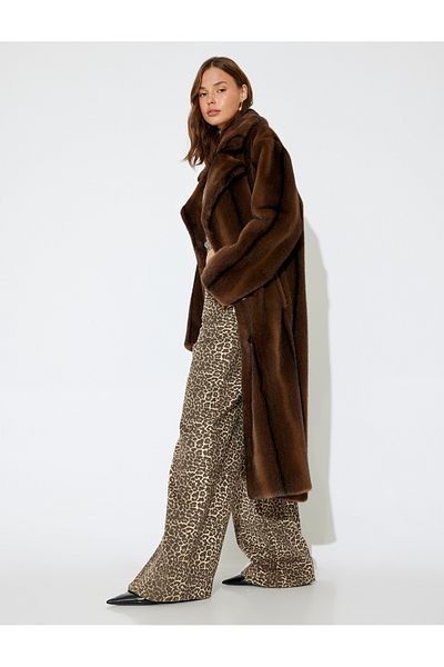 Koton X Inji - Wide Long Leg Regular Waist Buttoned Pocket Cotton Leopard Pants