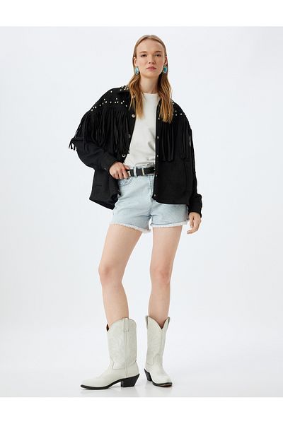 Koton Suede Look Jacket Oversize Metal Accessories Tassel Snap Button Pocket