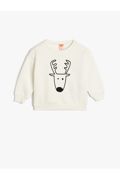 Koton Crew Neck Long Sleeve Deer Printed Raised Cotton Sweatshirt