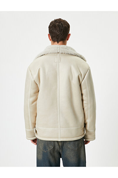 Koton Suede Look Furry Biker Jacket Slim Fit