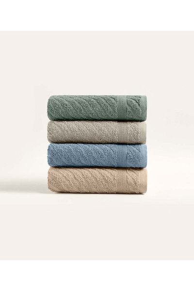 Koza Home Likya 4-Piece Face Dowry Towel Set - 100% Cotton, Jacquard Border, Cross Striped 1014a