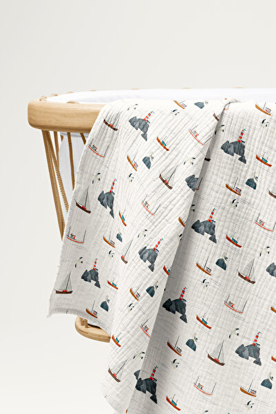 cekic kids 4 Kat Müslin Örtü - Yelken Desenli Bebek Müslin Battaniyesi - Dört...