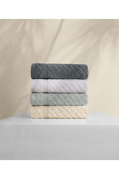 Koza Home Likya 4-Piece Face Dowry Towel Set - 100% Cotton, Jacquard Border, Cross Striped 1013a